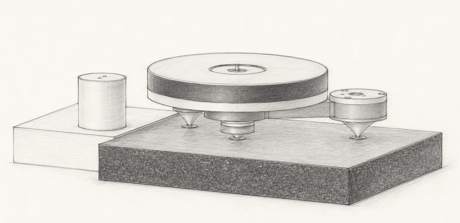 Development sketch of the current DATUM architecture: platter and bearing on three structural contacts above a granite reference slab, with the separate motor at left and tonearm mounting interface at right.