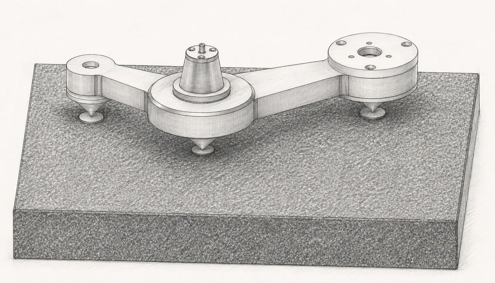 Platter-removed development sketch showing DATUM's central bearing node, asymmetric structural arms, tonearm mounting node and three deterministic contacts on the granite reference surface.